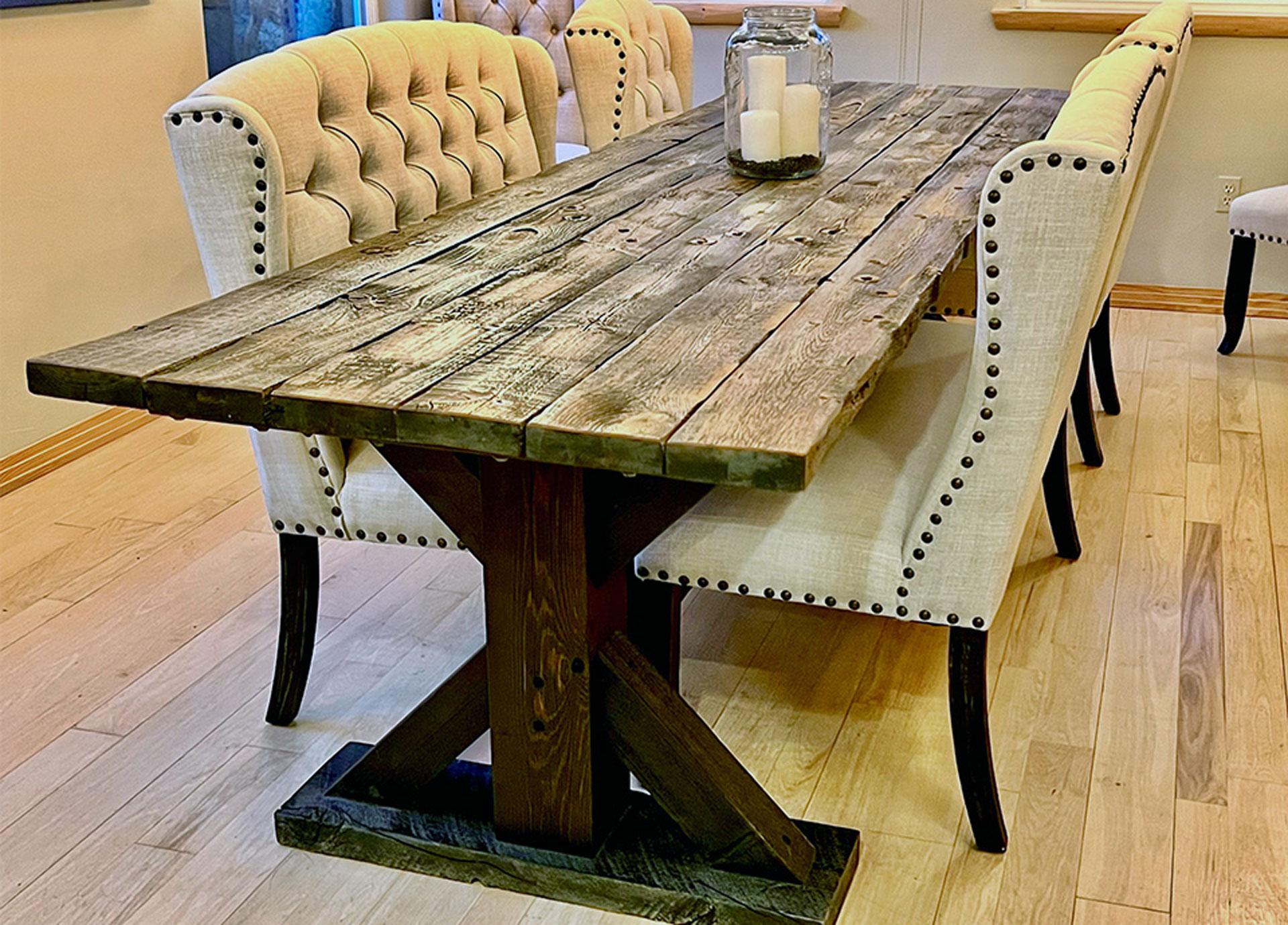 Reclaimed Barnwood Table with Trestle Base